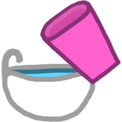 a round white bathtub filled with water, and a pink cup over top of it 